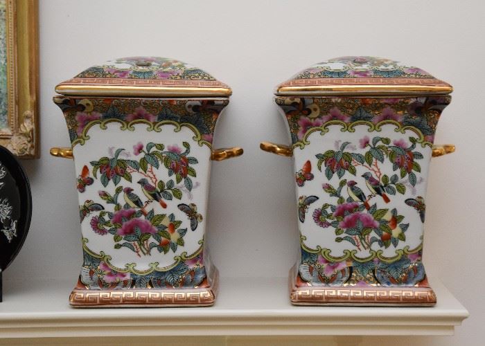 Pair of Chinese Porcelain Vases with Flower Frog Cover
