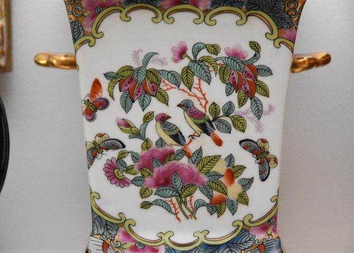 Pair of Chinese Porcelain Vases with Flower Frog Cover