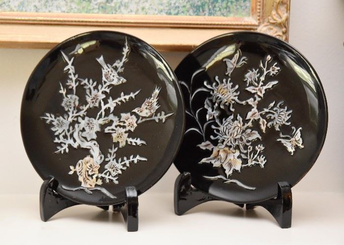 Mother-of-Pearl Inlaid Black Lacquer Plates