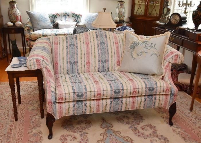 Camel Back Settee / Sofa with Striped Damask Upholstery  
