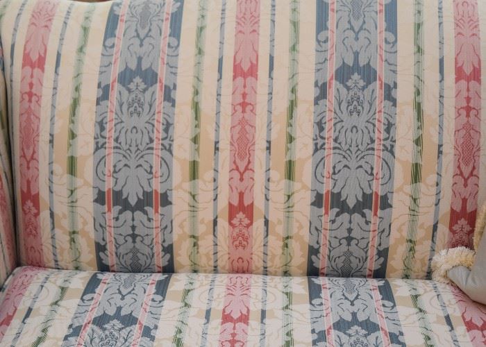 Camel Back Settee / Sofa with Striped Damask Upholstery  