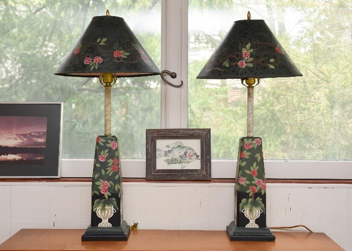 Pair of Hand Painted Wood Table Lamps with Matching Shades (Roses)