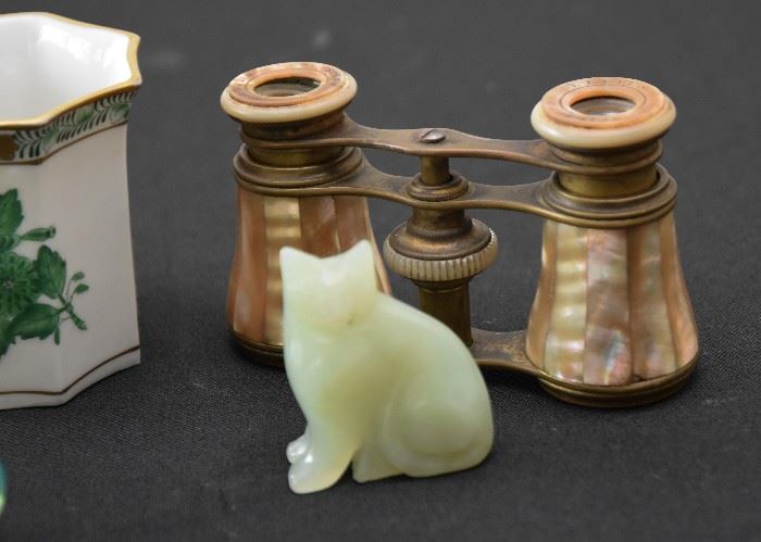 Hard Stone Cat Figurine, Mother-of-Pearl Opera Binoculars