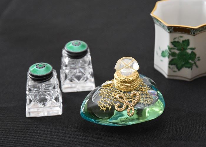 Salt & Pepper Shakers with Enamel Tops, Art Glass Perfume Bottle