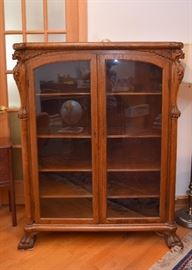 Antique Oak Display Cabinet with Glass Doors, Carved Lion's Head & Claw Feet