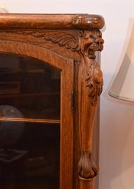 Antique Oak Display Cabinet with Glass Doors, Carved Lion's Head & Claw Feet