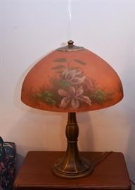 Antique Table Lamp with Reverse Painted Glass Shade (Lilies)