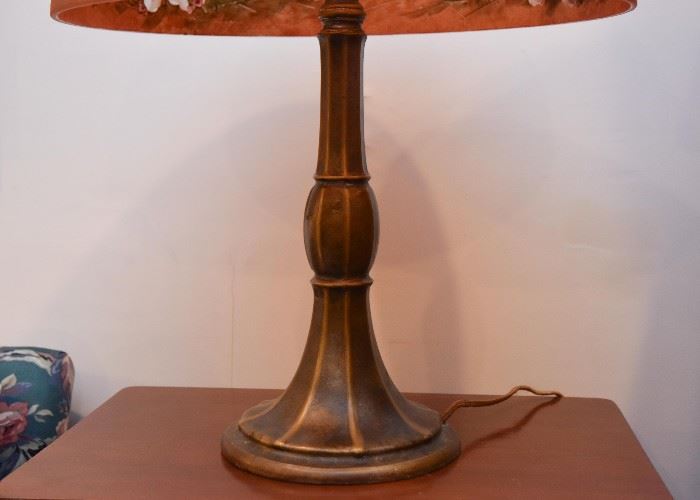 Antique Table Lamp with Reverse Painted Glass Shade (Lilies)