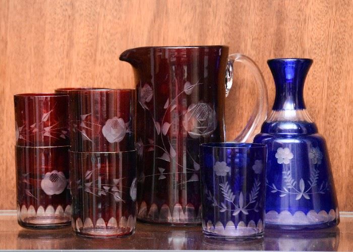 Antique Flashed Ruby Glass Pitcher & Glasses & Antique Flashed Cobalt Blue Glass Water Bottle with Drinking Glass