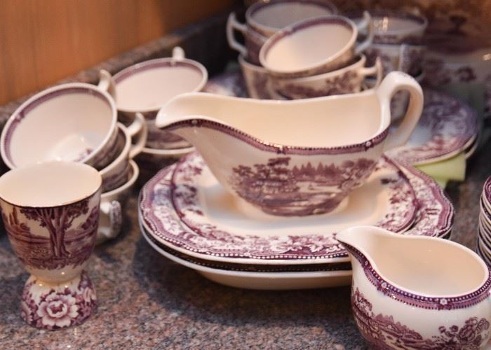 Large Set of Purple / Mulberry Transferware Dinnerware by Royal Staffordshire, Tonquin Pattern (Over 95 Pieces)