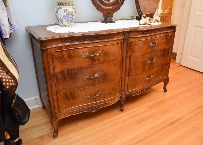 6-Drawer Lowboy Chest with Carved Details & Ornate Brass Pulls