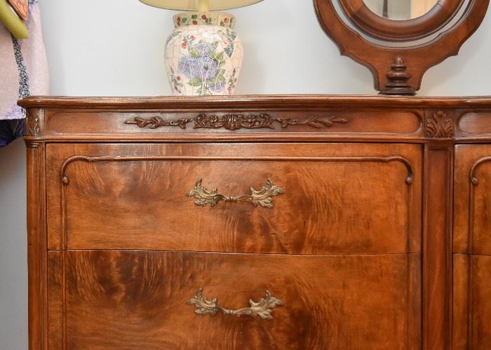 6-Drawer Lowboy Chest with Carved Details & Ornate Brass Pulls