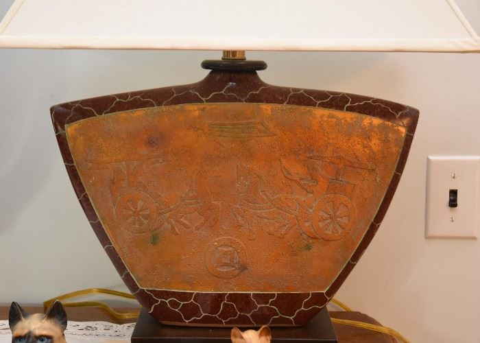 Ceramic & Copper Plate Table Lamp with Asian Scene