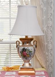 Hand Painted Porcelain Table Lamp with Swan Neck Handles