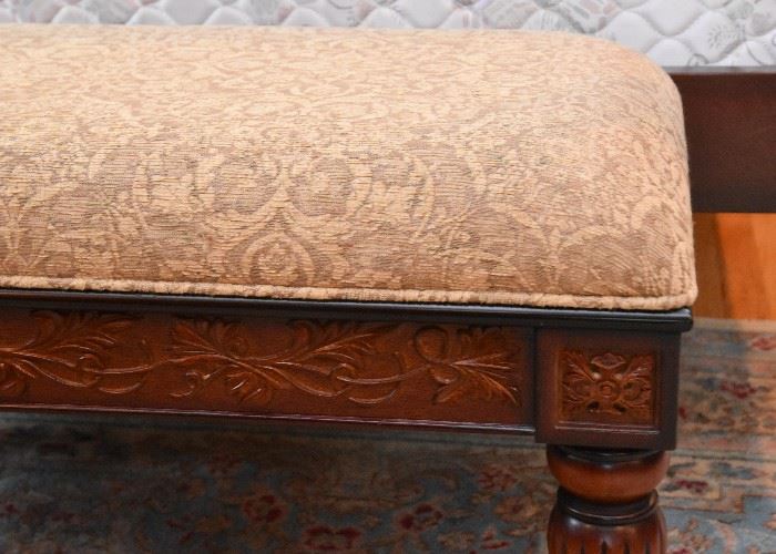 Carved Wood Bench with Upholstered Top