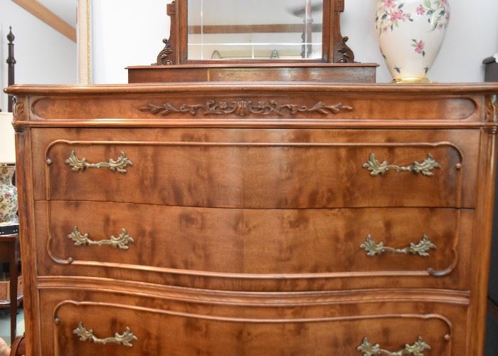 5-Drawer Highboy Chest with Carved Details & Ornate Brass Pulls (matches lowboy chest in another room)