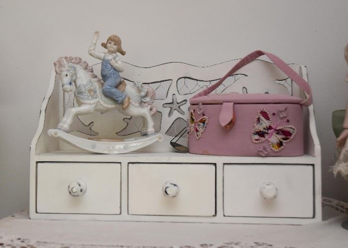 Distressed White Paint Storage Drawers, Collectible Figurine, Women's Handbag