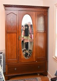 Antique Wardrobe with Inlay and Oval Mirror