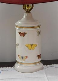 Porcelain Table Lamp with Butterflies & Red Shade 