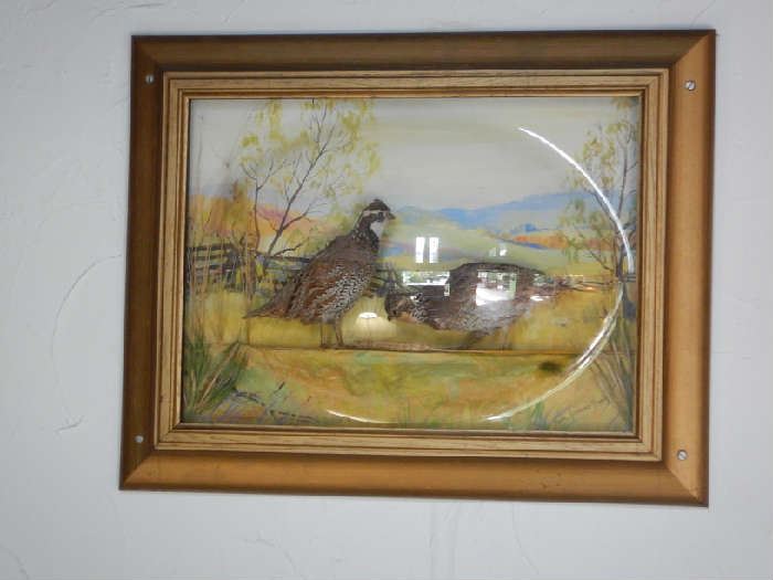 PAIR OF QUAIL UNDER BUBBLE GLASS WITH HAND PAINTED BACKGROUND FROM SCHWARTZ STUDIO