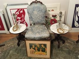 Side Chair with pair of mini pedestal marble-top Side Tables and newly-wired Glass Lamps