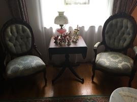 "King and Queen" Victorian Side Chairs with matching fabric and square mahogany Drop-leaf Table