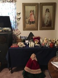 Pair of framed Victorian Girl Prints and Christmas keepsakes