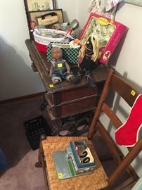 Antique Dolls, Sewing Machine Table and Child's Tea Set
