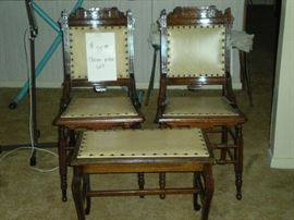 (2) Antique chairs and ottoman.  $75.00