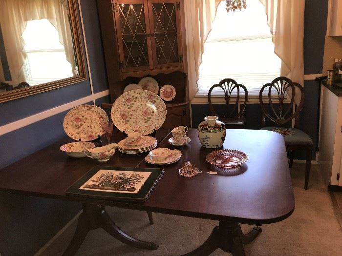 Maple corner cupboard, Mahogany ext. table, Rose Chintz china, Pimpernel placemats