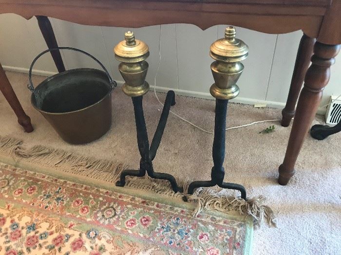Unique Handwrought iron andirons with brass finials, brass bucket