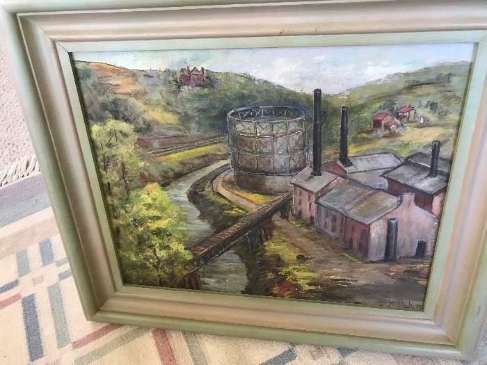 Framed oil on canvasboard signed Wiltshire.  Thought to be late 19c view of the old gas company on Blackwater Creek in Lynchburg