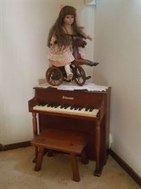 Antique Doll on 3 wheel horse / lace doilie / Antique doll piano / Antique foot stool. Super cute display!!!!