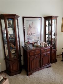 Curio cabinets, gorgeous framed art work. Figurines,  many Enesco and Lefton.