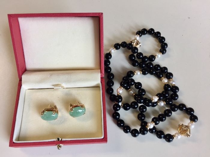 Jade earrings from Gumps in box,
Pearl and onyx necklace 