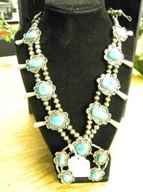 Squash Blossom Sterling Silver Turquoise Signed Necklace