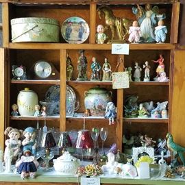 Porcelain birds, ceramics, wood and crystal clocks, 1965 Pee Wee Dolls, Cabbage Patch, Yankee Candle Holders, Crystal and tched Wine Glasses,