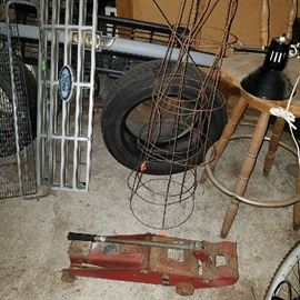 Ford Grill, Chevy Grill, Tires, Hydraulic Jack, Shop Light, Tomato Cages, Bar Stool
