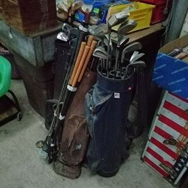 3 Sets of Golf Clubs and extra Irons, Shop Organizer Bins with Miscellaneous Garage/Shop "Stuff"