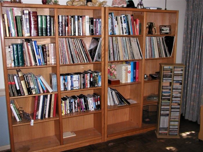 Books, records, CD's, DVD's and shelving units.