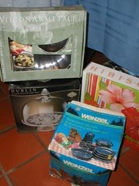Boxed: Enamelware Set, Wilton Alum. Serving tray, Dublin Glass Cake Plate, Coldwater Creek Hibiscus 2 Pc Chips and Dip Set