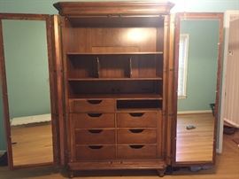 Drexel Heritage Armoire (#1)-doors with mirrors, movable shelves and dividers, 7 drawers, built-in electrical and cable connections