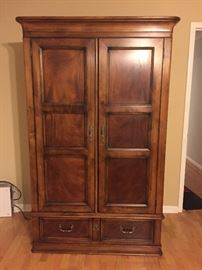 Drexel Heritage Armoire (#2)-doors with mirrors, movable shelves and dividers, 7 drawers, built-in electrical and cable connections (legs detached but included)