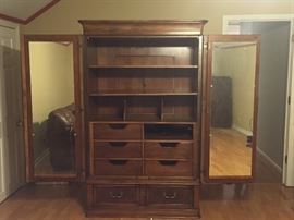 Drexel Heritage Armoire (#2)-doors with mirrors, movable shelves and dividers, 7 drawers, built-in electrical and cable connections (legs detached but included)