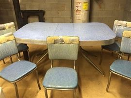 Blue Formica kitchen table with 5 chairs (need TLC)-purchased 1951