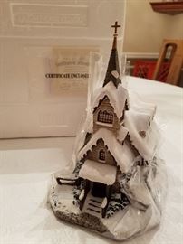Thomas Kincade Village Christmas collection "Light of Hope Church".  Santa's Workshop Toys and Holiday Bed & Breakfast not shown.  Certificates  included for all.