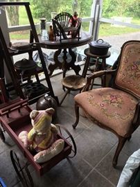 Needle point antique chair and vintage wagon 