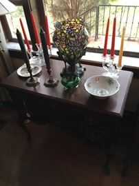 Stained glass lamp and walnut table