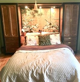 Queen Bed Frame with Asian backdrop head board & 2 night stand tall Storage cabinets