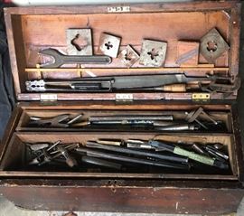 Antique tool box & misc bits & tools